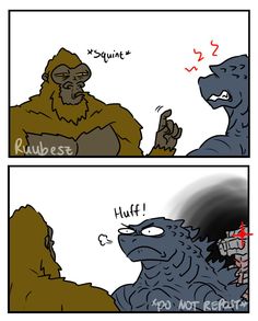 two comics with godzillas talking to each other and one has an angry look on his face