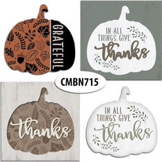 four pumpkins with thanksgiving sayings on them and the words in all things give thanks