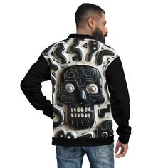 Elevate your spring wardrobe with this Graphic Calligraphy Skull Bomber Jacket. Featuring a striking skull design infused with calligraphy elements, this jacket adds an edgy and artistic flair to any outfit. Perfect for urban fashion enthusiasts seeking a trendy and bold statement piece for the season. Add a little zing to your wardrobe with this vibrant All-Over Print Bomber Jacket. Wear it on a basic t-shirt, or layer it on top of a warm hoodie--it'll look great either way. With a brushed fleece inside, and a relaxed unisex fit, this Bomber Jacket is just the stuff of the dreams, so be quick to grab yourself one! * 100% polyester * Fabric weight: 6.49 oz/yd² (220 g/m weight may vary by 5% * Brushed fleece fabric inside * Unisex fit * Overlock seams * Sturdy neck tape * Silver YKK zipper Fitted Skull Print Streetwear Outerwear, Fitted Outerwear With Skull Print And Long Sleeves, Urban Halloween Outerwear With Graphic Print, Urban Outerwear With Graphic Print For Halloween, Casual Long Sleeve Outerwear With Skull Print, Punk Halloween Outerwear With Graphic Print, Winter Skull Print Streetwear Outerwear, Biker Style Skull Print Outerwear For Fall, Winter Skull Print Outerwear For Streetwear