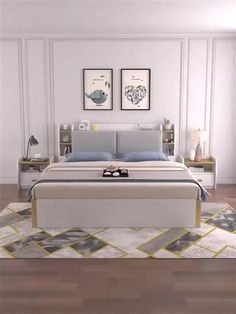 a large bed sitting on top of a wooden floor