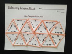 an orange and white piece of paper that has some numbers on it with the words subtracting integies puzzle