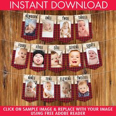 a baby's first year photo hanging on a clothes line with the words instant download