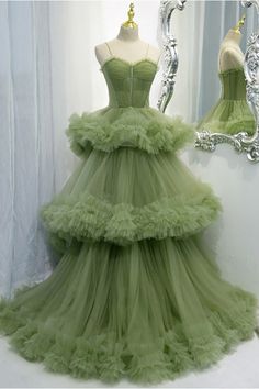 10% off now! green tulle stunning ruffles long prom dress with straps online. Sheprom offers formal, party, casual & more style dresses to fit your special occasions. Modest Prom Gowns, Tulle Long Dress, Green Formal Dresses, Green Evening Dress, Green Tulle, Modest Prom, Fairytale Dress, فستان سهرة, A Line Prom Dresses