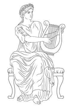 an ancient woman sitting on a bench playing the lyragonic harp coloring page