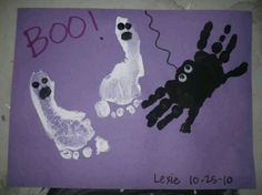 this is a hand and foot print on a purple background with the words boo written in black