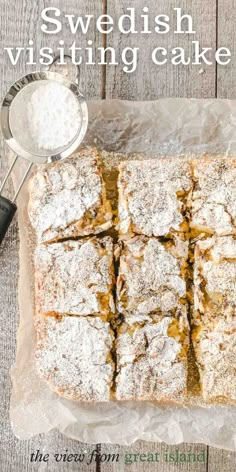 swedish visiting cake with powdered sugar on top and the title overlay reads, how to make swedish visiting cake