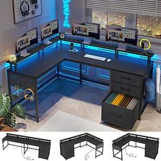 the computer desk is lit up with blue lights and has drawers for file folders