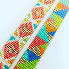 two bracelets made out of different colored beads