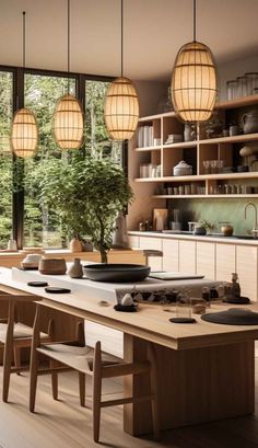 a kitchen with lots of wooden furniture and hanging lights