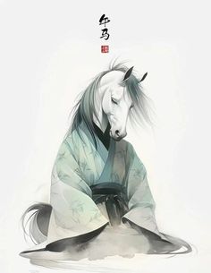 a white horse wearing a blue and green kimono sitting on the ground with its head down