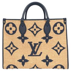 Louis Vuitton Raffia Giant Monogram OnTheGo MM Navy Shoulder Tote Bag, 2021. The "OnTheGo" bag was introduced in 2019 by creative director Nicolas Ghesquiere and was originally inspired by the "Sac Plat" which was designed in 1968. The "OnTheGo" bag proved to be the most popular selection from the 2019 line and became a regular staple in production by the iconic Louis Vuitton fashion house available in a variety of patterns and colors. This specific "OnTheGo" tote was handcrafted in the United S Designer Travel Bag With Monogram Print, Travel Bags With Monogram Print And Double Handle, Travel Bag With Monogram Print And Double Handle, Travel Tote Bag With Monogram Print, Luxury Bag With Monogram Print And Double Handle, Designer Monogram Print Tote Bags, Luxury Bags With Monogram Print, Designer Everyday Bags With Monogram Print, Designer Bags With Monogram Print For Everyday Use