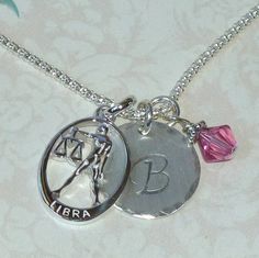 Personalized Libra Zodiac Hand Stamped Sterling Silver Initial Charm Necklace by dolphinmooncreations.com $36 Silver Initial Charms, Sterling Silver Initial, Zodiac Pendant, Libra Zodiac, Zodiac Necklaces, Initial Charm, Sterling Silver Chains, Hand Stamped, Charm Necklace