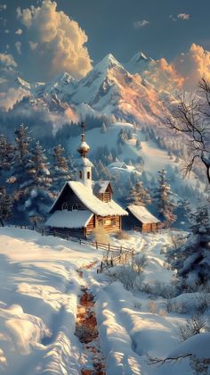 a snowy mountain scene with a church in the foreground