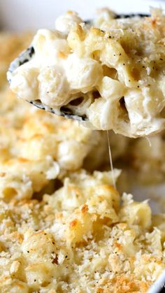 a spoon full of macaroni and cheese being lifted from a casserole dish