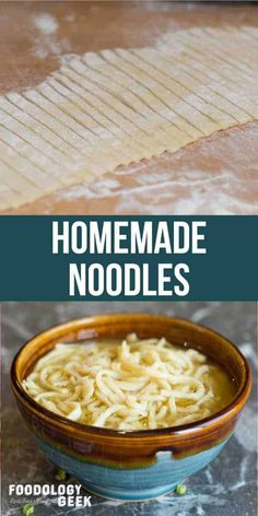 homemade noodle soup in a bowl with text overlay