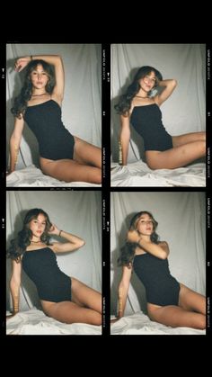 four pictures of a woman in black dress laying on a bed with her legs crossed