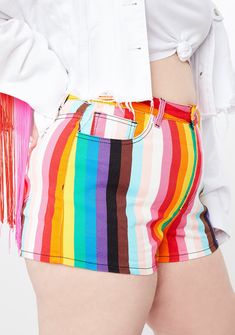 Casual Rainbow Bottoms For Pride, Trendy Striped Shorts With Built-in Shorts, Trendy Striped Jean Shorts, Summer Striped High-waisted Jean Shorts, Striped High-waisted Jean Shorts For Summer, Spring Striped High-waisted Jean Shorts, Retro High Waist Multicolor Shorts, High Waist Multicolor Cotton Jean Shorts, Striped Jean Shorts For Summer