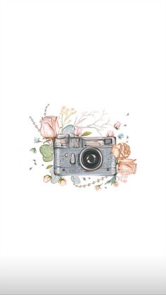 an old camera with flowers and leaves on the front is shown in this watercolor drawing