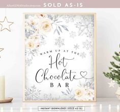 a white christmas card with the words warm up at the hot chocolate bar on it