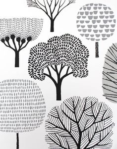 black and white trees are shown in this wallpaper pattern, which is very similar to the tree's leaves