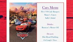 the cars menu from disney's cars movie