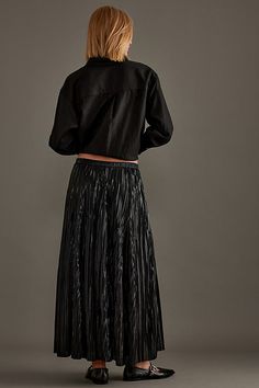 Polyester; viscose lining Elastic waistband for pull-on styling Hand wash Imported | Metallic Pleated Midi Skirt by Anthropologie in Black, Women's, Size: Medium, Polyester/Viscose Gold Pleated Midi Skirt, Chic Midi-length Pleated Skirt With Box Pleat, Metalic Pleated Midi Skirt, Relaxed Midi-length Lined Pleated Skirt, Luxury Voluminous Midi-length Pleated Skirt, Black Pleated Midi Skirt, Red Pleated Skirt, Anthropologie Skirt, Metallic Skirt