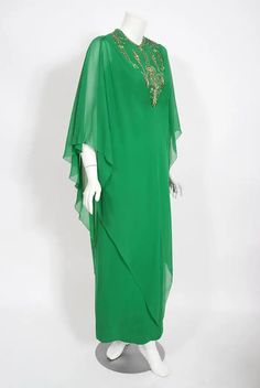 1965 Pierre Cardin Haute Couture Beaded Green Silk Chiffon Draped Caftan Gown For Sale at 1stDibs | pierre cardin kaftan, cardin green, green caftan Silk Velvet Dress, Haute Couture Designers, Emerald Green Color, Cocktail Dress Vintage, Couture Designers, Trapeze Dress, Silk Gown, Couture Vintage, Chiffon Gown