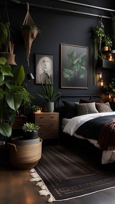 a bedroom decorated in dark colors with plants and lights on the wall above the bed