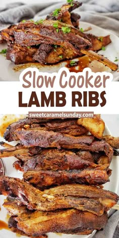 Slow Cooker Lamb Ribs on white plate with chopped parsley and a drizzle of sauce. Slow Cooked Lamb Ribs, Lamb Ribs Recipe Slow Cooker, Rib Steak Recipe Crockpot, Lamb Crockpot Recipes