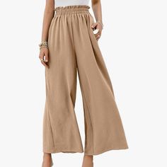 Boutique Eteviolet Women's Boho Bohemian High Waisted Palazzo Pants Summer Beach Wide Leg Flowy Pants. Perfect Neutral Staple Transitional Piece. Fits Tts Color: Khaki Tan Beige Outfit Formal Mujer, Flowing Pants, High Waist Wide Leg Pants, Pants Green, Casual Wide Leg Pants, Weave Style, Womens Pants, Pantalon Large, Loose Pants