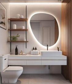 a bathroom with a white toilet sitting under a round mirror