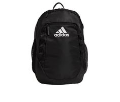 Synthetic blend upper, Adjustable padded shoulder straps, Approx. 19 inch H x 14 inch W x 5 1/2 inch D, Large zipper compartment with laptop pocket, Smaller zipper pockets for added storage, Side mesh pockets, Synthetic lining, Padded back panel for added comfort, Top loop handle, Handwash, adidas® branding details | Adidas Excel VI Backpack in Black White Adidas Functional Rectangular Backpack, Functional Adidas Rectangular Backpack, Functional Rectangular Adidas Backpack, Lunch Box Backpack, Adidas Yeezy Black, Adidas Hoodie Mens, Adidas Tech, Sustainable Backpack, Adidas Jersey