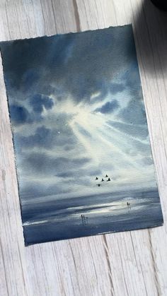 a painting of birds flying over the ocean under a cloudy sky with sunbeams