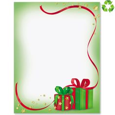 a green and red christmas card with presents on the bottom right hand corner, surrounded by gold stars