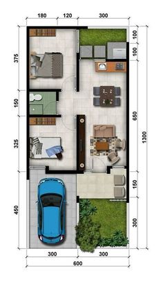 a blue car is parked in front of the floor plan for a house with an attached garage