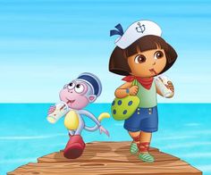 a cartoon girl and boy walking on a dock near the ocean