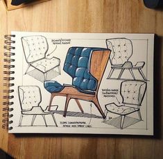 an open notebook with sketches of chairs and footstools on top of a wooden table