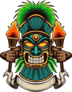 an illustration of a tiki mask holding two torches