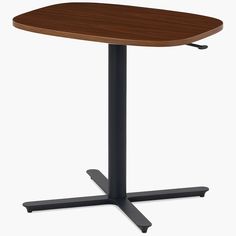 a wooden table with two black legs and a brown top on an isolated white background