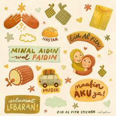 an illustration of various stickers with words and symbols on them, such as food