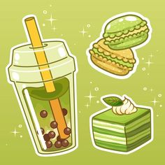 an image of food and drink stickers on a green background, including cake, ice cream