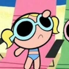 an animated cartoon character wearing sunglasses and swimming trunks, with another character in the background