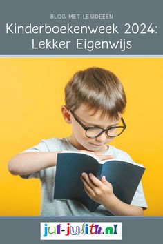 a young boy reading a book with the words kinderbokenwek 2020 - 22