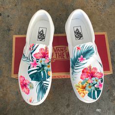 Tropical Hawaiian White Slip Ons Wish White Slip On Vans, Shoes Drawing, Paint Design, Tropical Getaways, White Slip, Painted Shoes, Shoes Brand, Pretty Shoes, White Boys