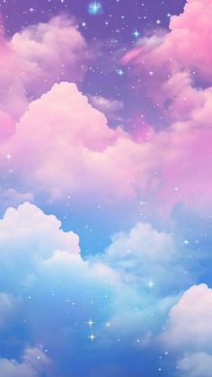 the sky is filled with stars and clouds in pastel colors, as if they were painted