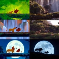 the lion king and other animated animals in front of a full moon with waterfalls