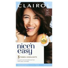 Clairol Nice'n Easy Natural Looking Permanent Hair Color Creme, Living is all about trying new experiences and feeling your best. So why waste time on bland, flat hair color? That's why Clairol Nice'n Easy permanent hair color gives you 8 weeks of true-to-you color with three salon tones for a blend of highlights and lowlights. Expertly designed to work with your unique hair, Nice'n Easy offers salon-quality permanent hair color without the cost. Keep your color looking vibrant with Clairol cc+ color seal conditioner, which locks in softness and shine. To cover grays between coloring, try a Nice'n Easy root touch-up to blend seamlessly with your color. Clairol Nice'n Easy Natural Looking Permanent Hair Color Creme, 5C Medium Cool Brown Superior Natural Looking Color Blends 3 tones into eve Medium Cool Brown Hair, Cool Brown Hair, Cool Brown, Brown Hair Dye, Root Touch Up, Hair Color Cream, Highlights And Lowlights, Gray Coverage, Unique Hair