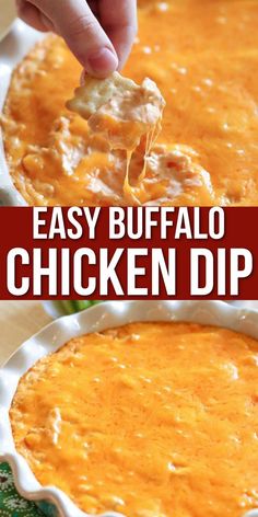 easy buffalo chicken dip recipe in a pie pan with a hand dipping it into the casserole