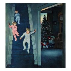 two children are climbing up the stairs in front of a christmas tree and another child is standing on it