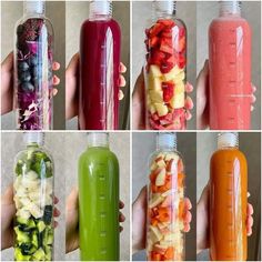 four different types of smoothies in bottles